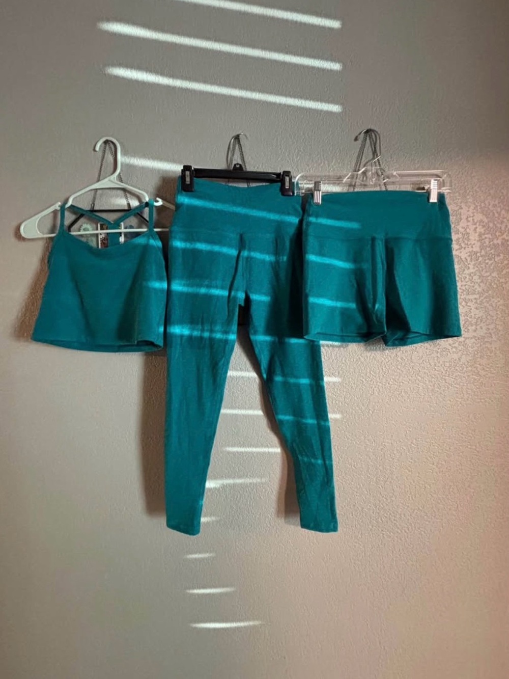 Beyond Yoga Spacedye Slim Racerback Cropped Tank, Matching Leggings and Shorts